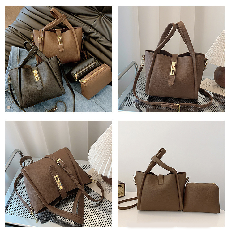 Coffee color Retro 2-Piece Women's Bucket Bag Set with Removable Inner Pouch view 2