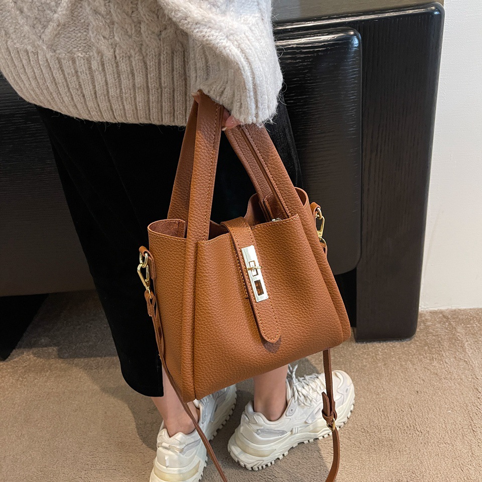 Brown Retro 2-Piece Women's Bucket Bag Set with Removable Inner Pouch PU