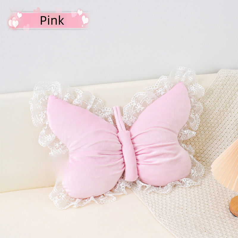 Pink Elegant Butterfly Lace Throw Pillow 60x45cm Soft Decorative Cushion for