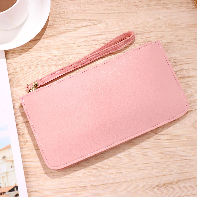 Pink Women's Soft PU Leather Double-Layer Zip Wallet with Wrist Strap