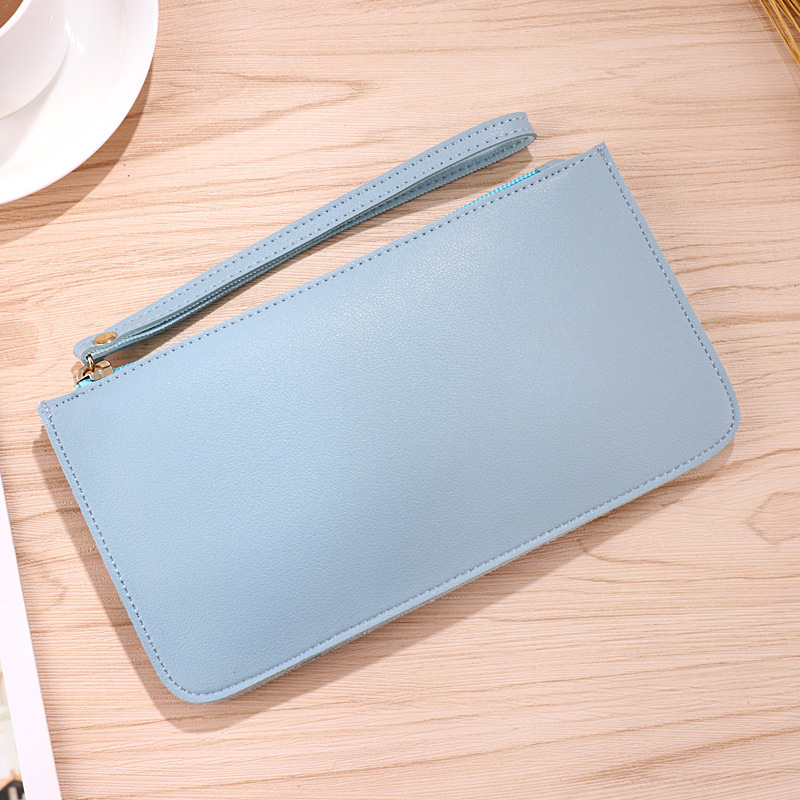 Light blue Women's Soft PU Leather Double-Layer Zip Wallet with Wrist Strap