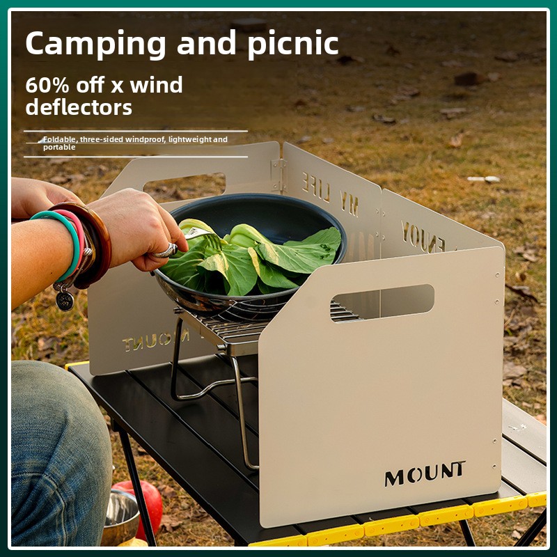 khaki Heavy-Duty 4-Fold Camping Stove Windshield Portable Steel Wind Deflector view 4
