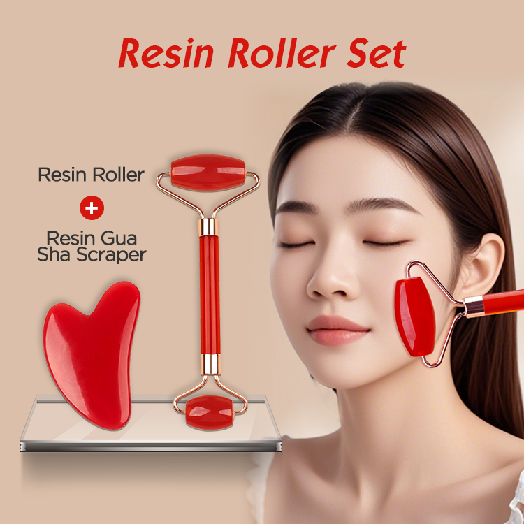Pink Dual-Head Resin Facial Roller and Heart-Shaped Gua Sha Set for Home SPA view 2