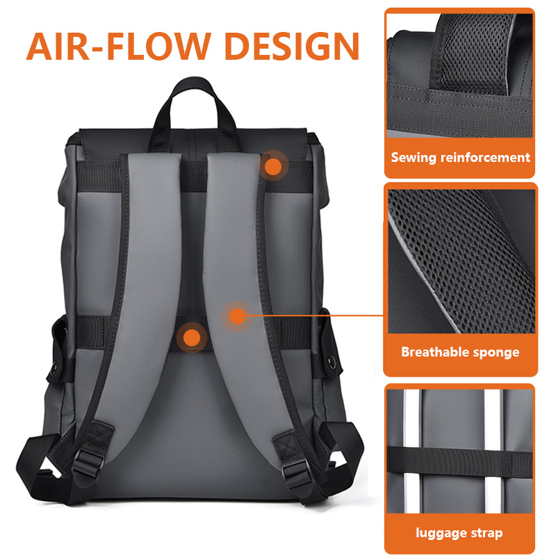 Dark grey Men Large Capacity Business Laptop Backpack Waterproof PU Leather view 4