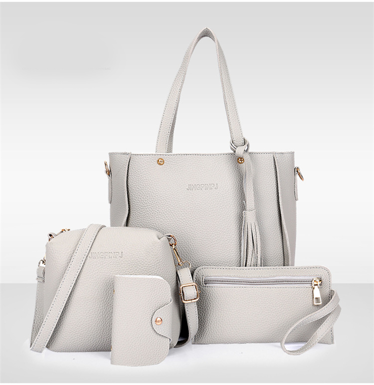 Grey 4-Piece Women Bag Set Lychee Grain PU Leather Large Capacity Tote