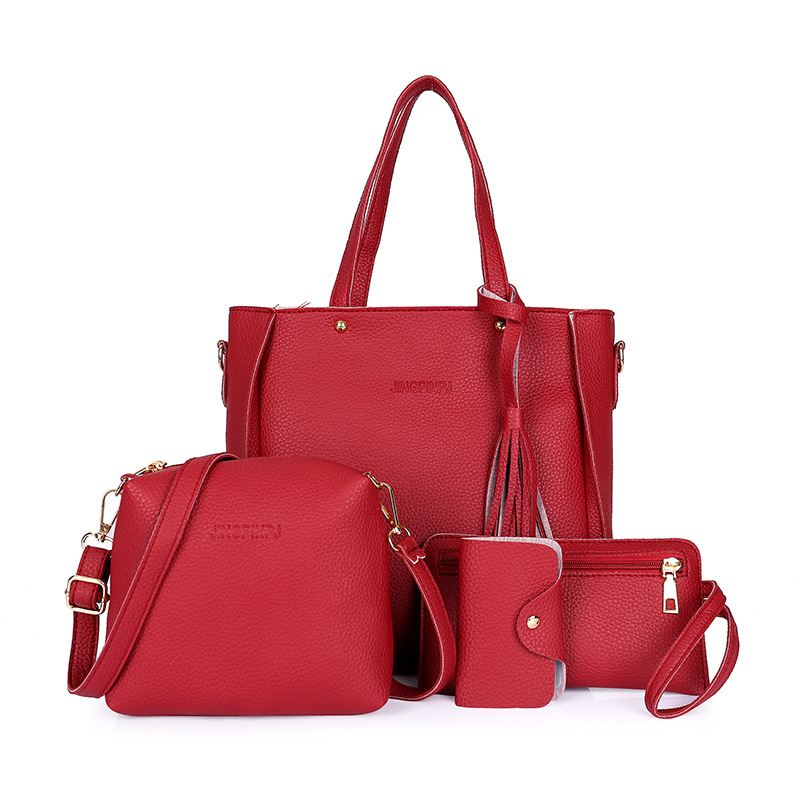 Red 4-Piece Women Bag Set Lychee Grain PU Leather Large Capacity Tote Shoulder