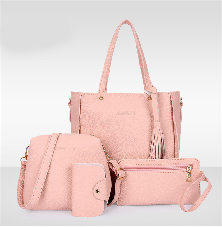 Pink 4-Piece Women Bag Set Lychee Grain PU Leather Large Capacity Tote