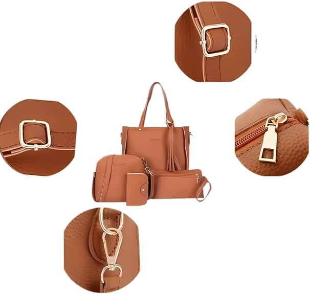Pink 4-Piece Women Bag Set Lychee Grain PU Leather Large Capacity Tote view 3