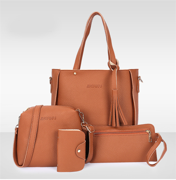Brown 4-Piece Women Bag Set Lychee Grain PU Leather Large Capacity Tote