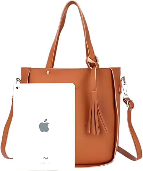Brown 4-Piece Women Bag Set Lychee Grain PU Leather Large Capacity Tote view 2