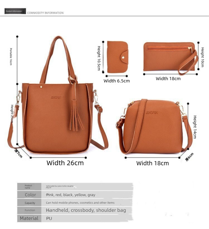 Brown 4-Piece Women Bag Set Lychee Grain PU Leather Large Capacity Tote view 4