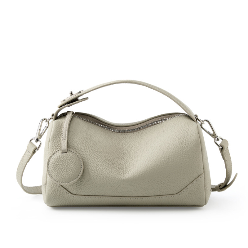 Beige Women Genuine First Layer Cowhide Boston Bag Fashionable Handheld