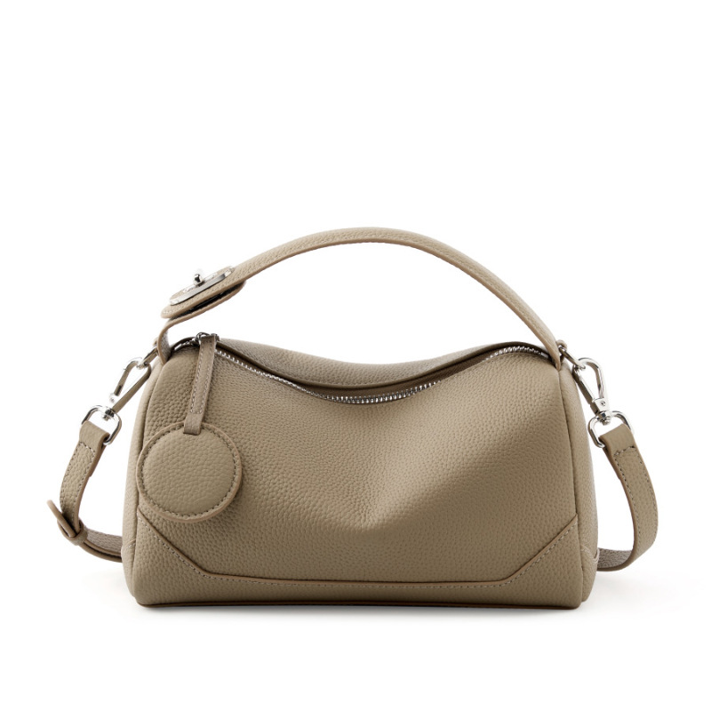 Grey Women Genuine First Layer Cowhide Boston Bag Fashionable Handheld