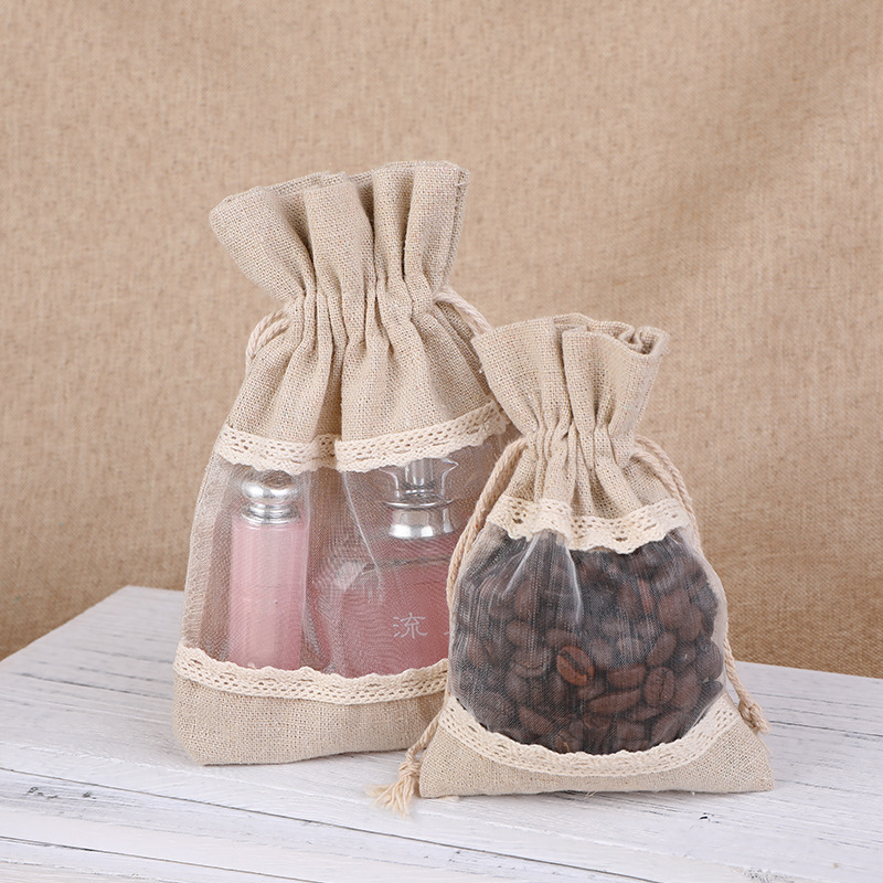 Brownish-gray 10 Pack Linen Canvas Drawstring Gift Bags with Lace Trim and view 3