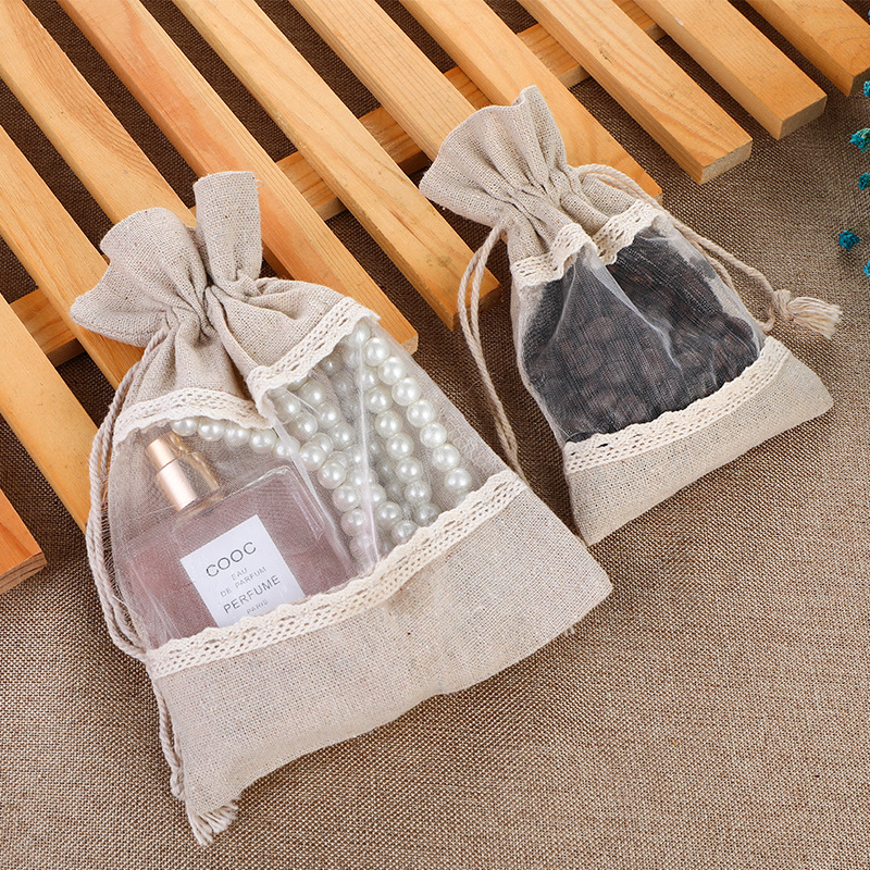 White 10 Pack Linen Canvas Drawstring Gift Bags with Lace Trim and Mesh Window view 2