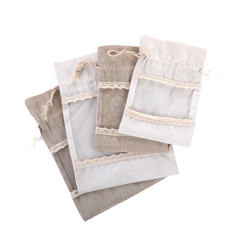 White 10 Pack Linen Canvas Drawstring Gift Bags with Lace Trim and Mesh Window view 4