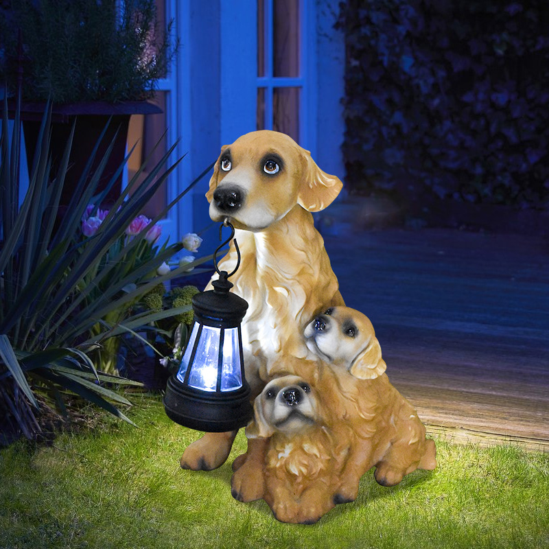 Solar Dog Garden Statue with Lantern Waterproof Resin Puppy Ornament for view 3