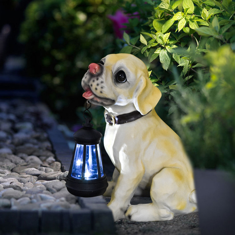 Solar Dog Garden Statue with Lantern Waterproof Resin Puppy Ornament for view 2