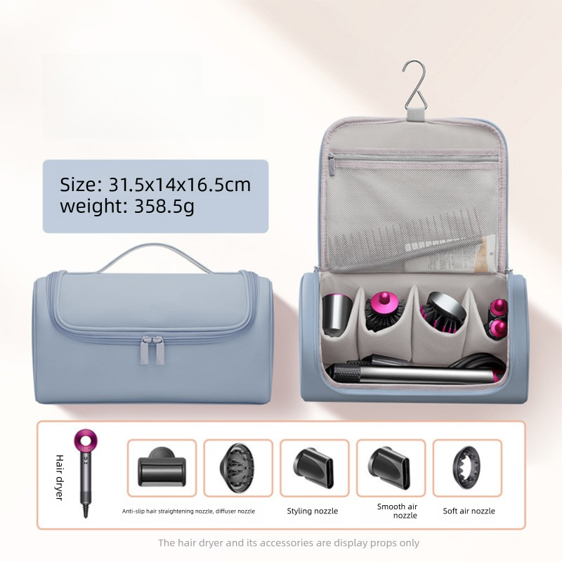 Blue Portable Hair Dryer and Curler Storage Bag Waterproof PU Leather Travel