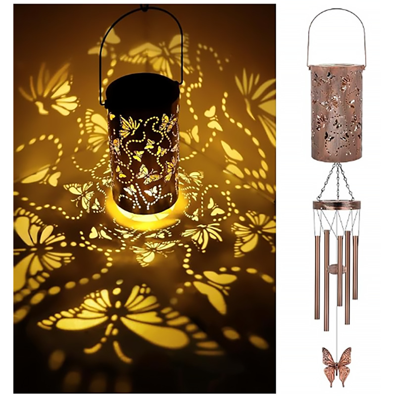 Butterfly Solar Wind Chime Lantern with Iron Art Projection Waterproof
