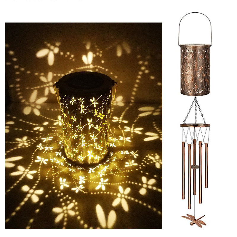 Dragonfly Solar Wind Chime Lantern with Iron Art Projection Waterproof