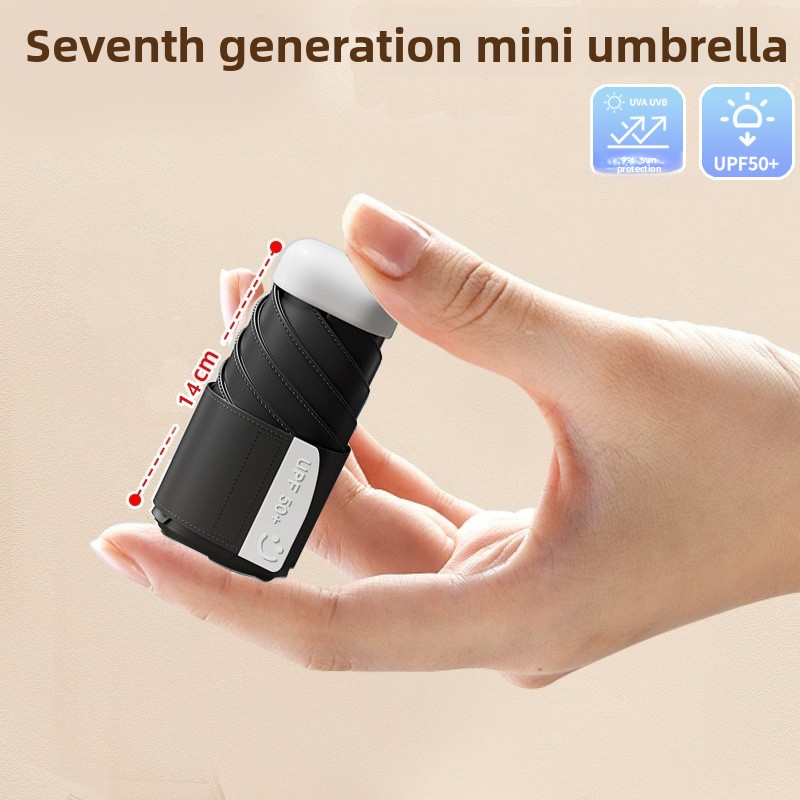Black Compact Mini Umbrella with UPF50+ UV Protection and Lightweight Design