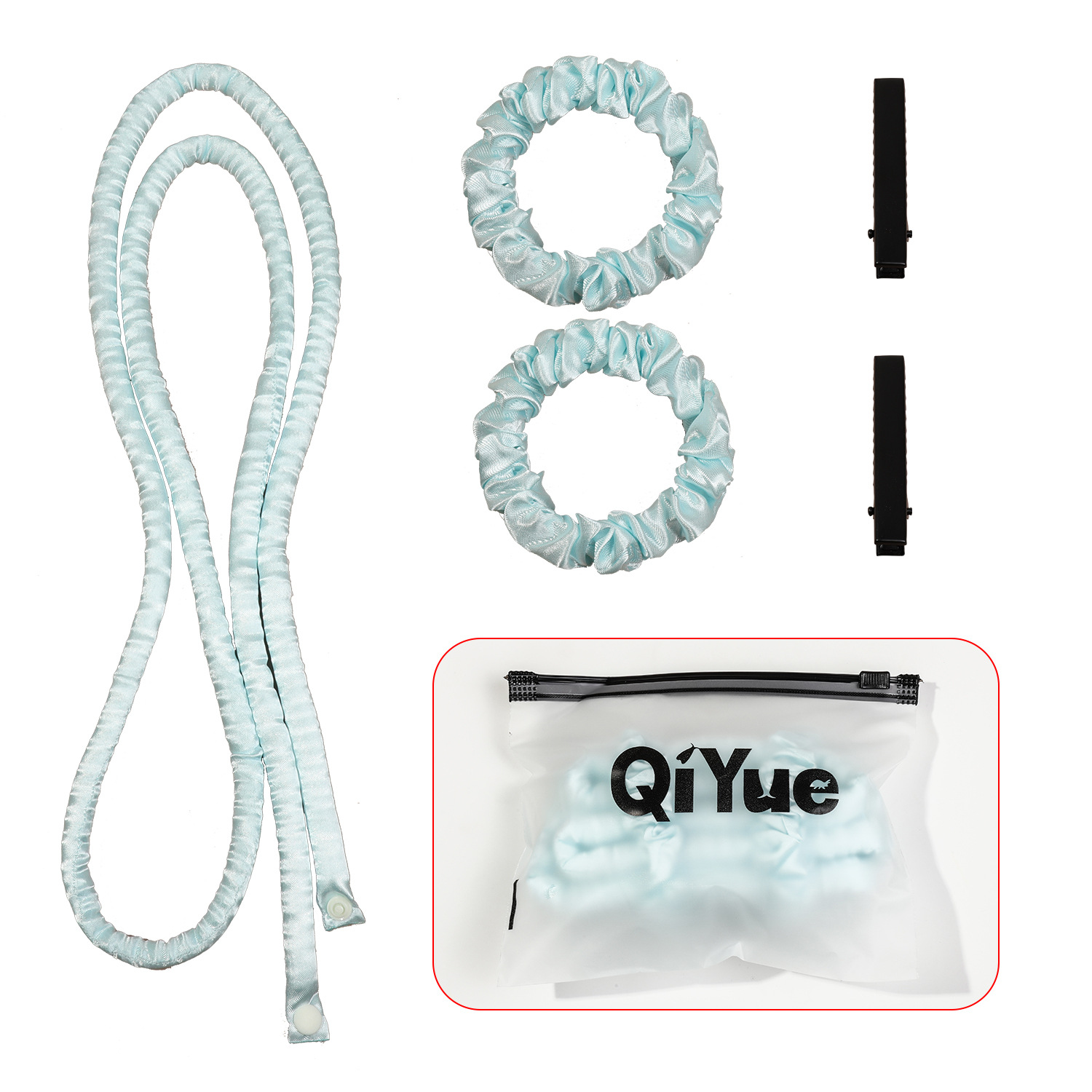 2-PCS Sky blue Heatless Hair Curler Set Extra Long Overnight Soft Ribbon for