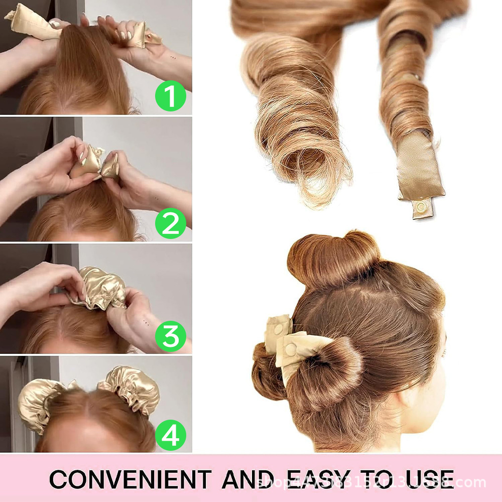Pink Heatless Hair Curler Set with Satin Ribbon and Sleep Caps for Overnight view 3