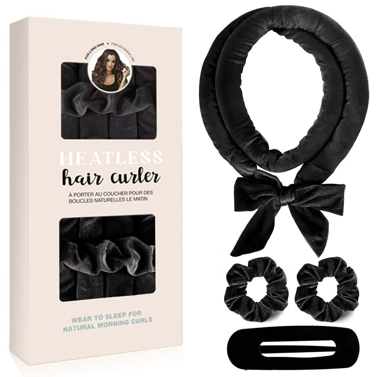 Black Heatless Hair Curler Set with Bowtie Ribbon for Natural Big Waves