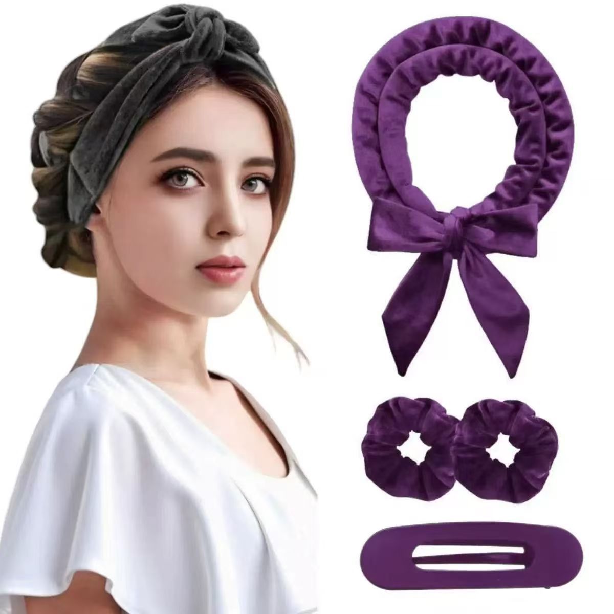 Black Heatless Hair Curler Set with Bowtie Ribbon for Natural Big Waves view 2