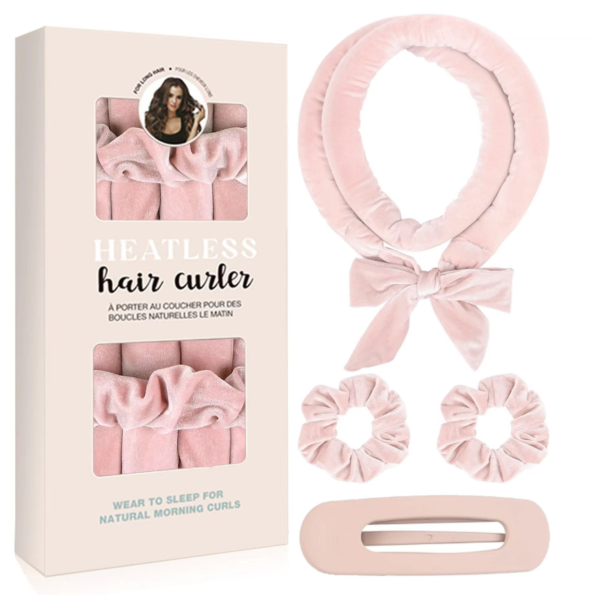 Light pink Heatless Hair Curler Set with Bowtie Ribbon for Natural Big Waves