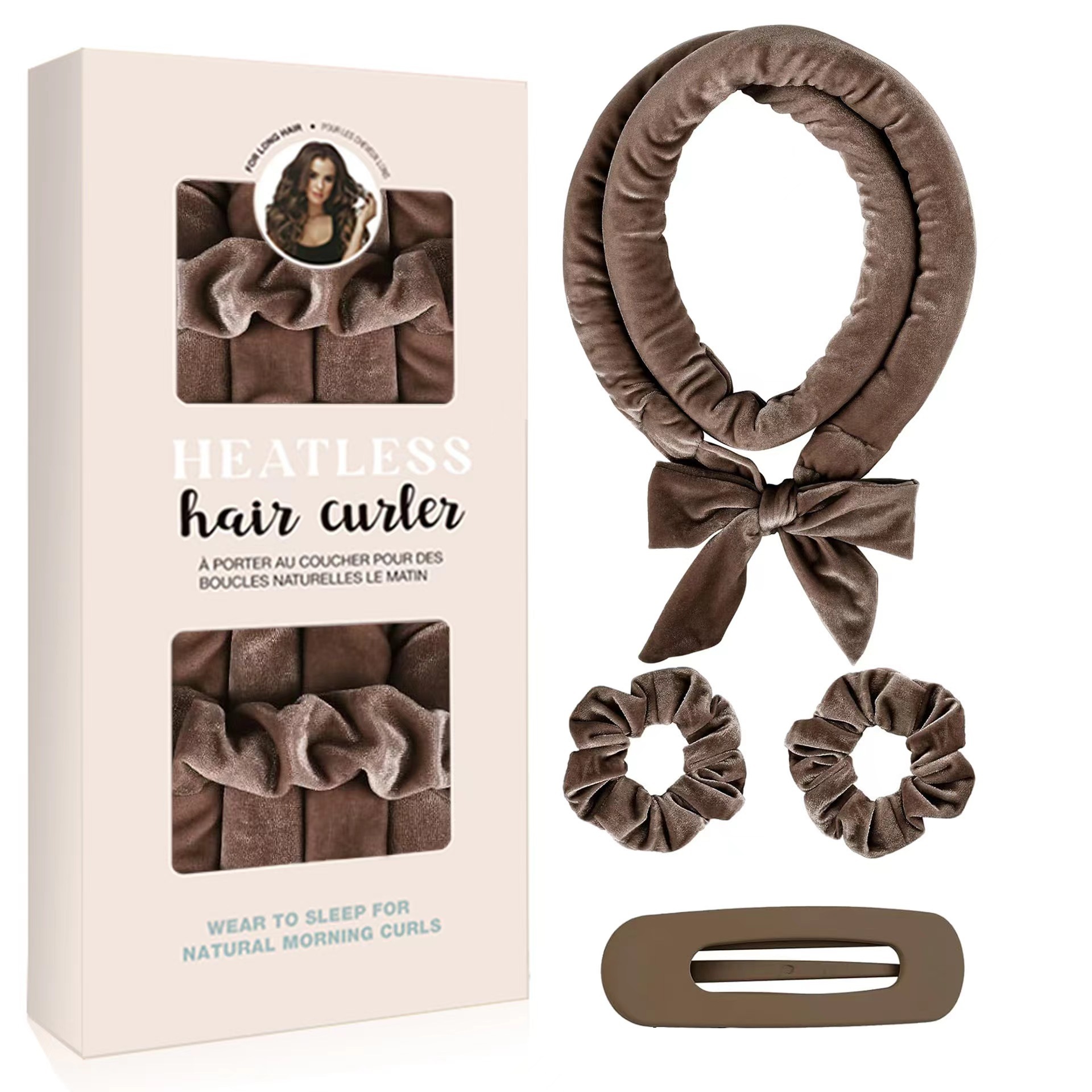 Coffee brown Heatless Hair Curler Set with Bowtie Ribbon for Natural Big Waves