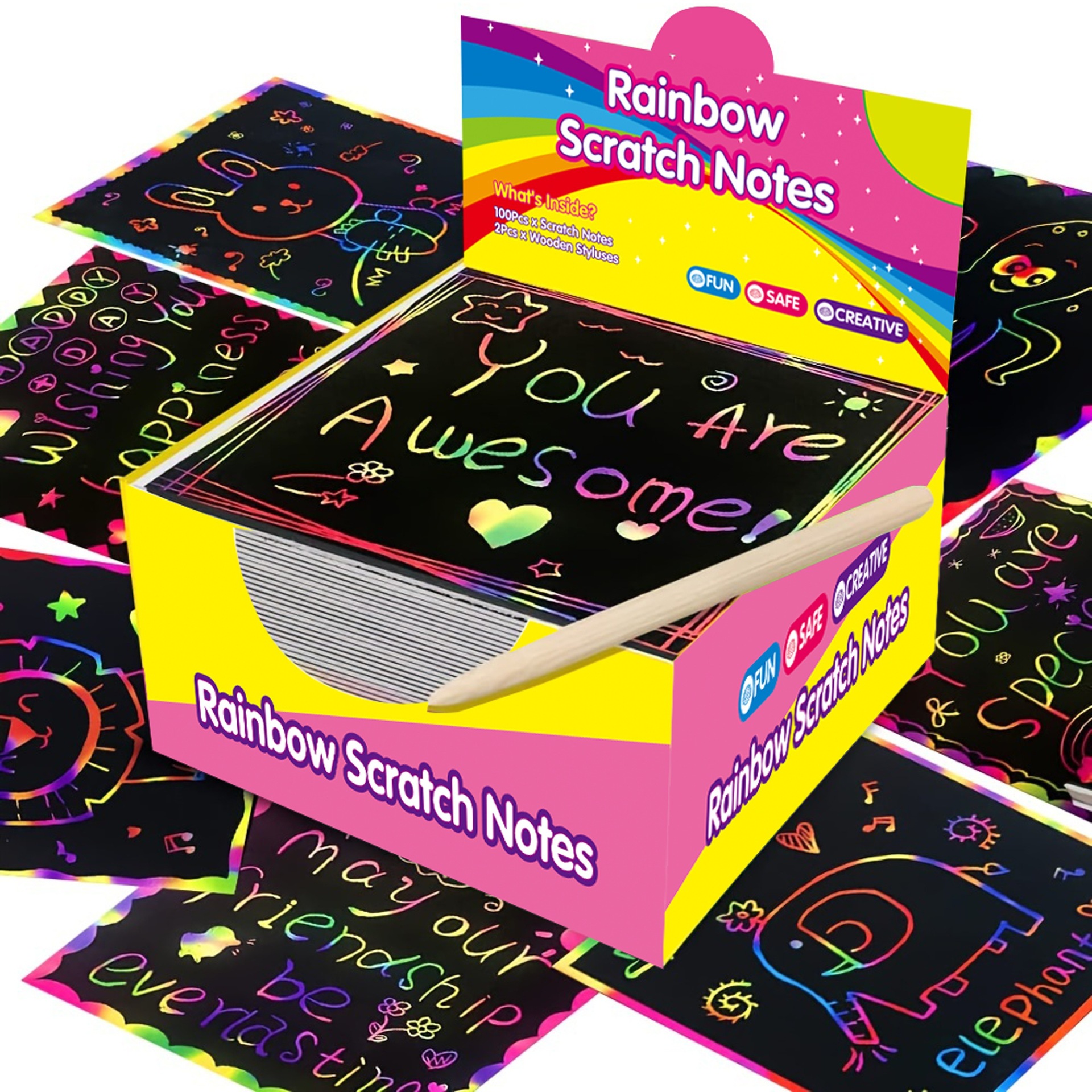 Red Rainbow Scratch Art Paper Notes 200 Sheets 2 Pack with Wooden Styluses for
