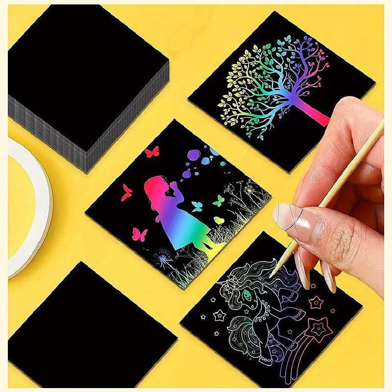 Red Rainbow Scratch Art Paper Notes 200 Sheets 2 Pack with Wooden Styluses for view 3