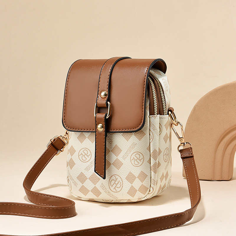 Beige and terracotta Women's Mini Crossbody Phone Bag Compact PU Leather with