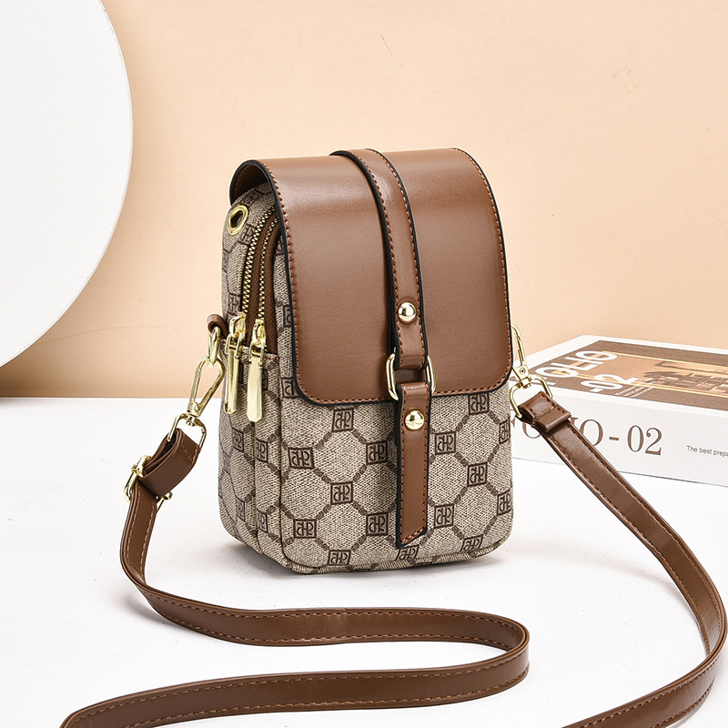 Brown rhombus Women's Mini Crossbody Phone Bag Compact PU Leather with