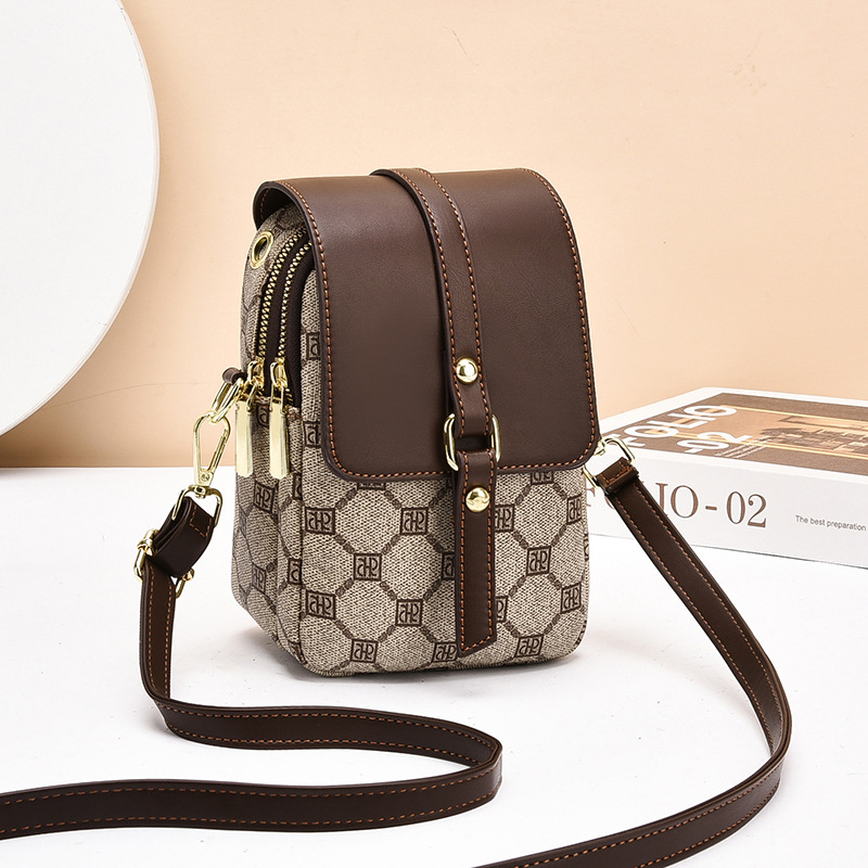 Coffee color rhombus Women's Mini Crossbody Phone Bag Compact PU Leather with
