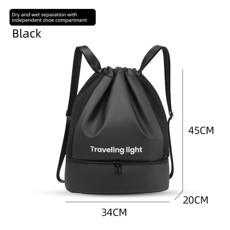 Black Waterproof Drawstring Swimming Backpack with Wet Dry Separation and Shoe — image 1