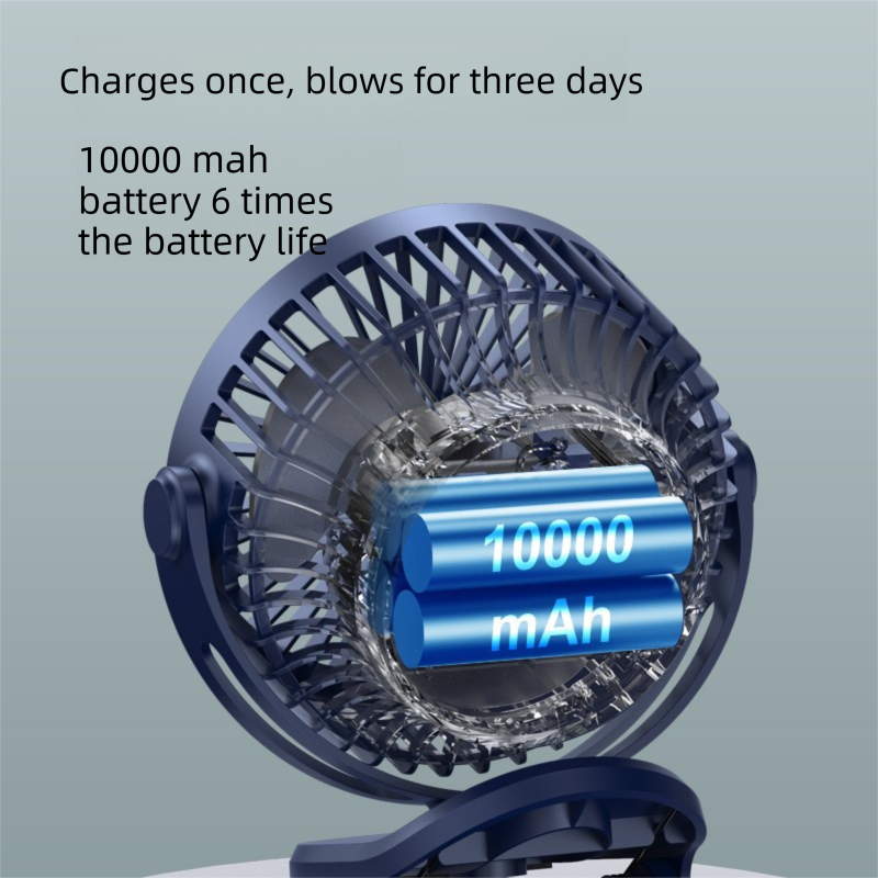 Black 10000mAh Portable Clip on Fan with 720 Degree Rotation 4 Speeds for view 2