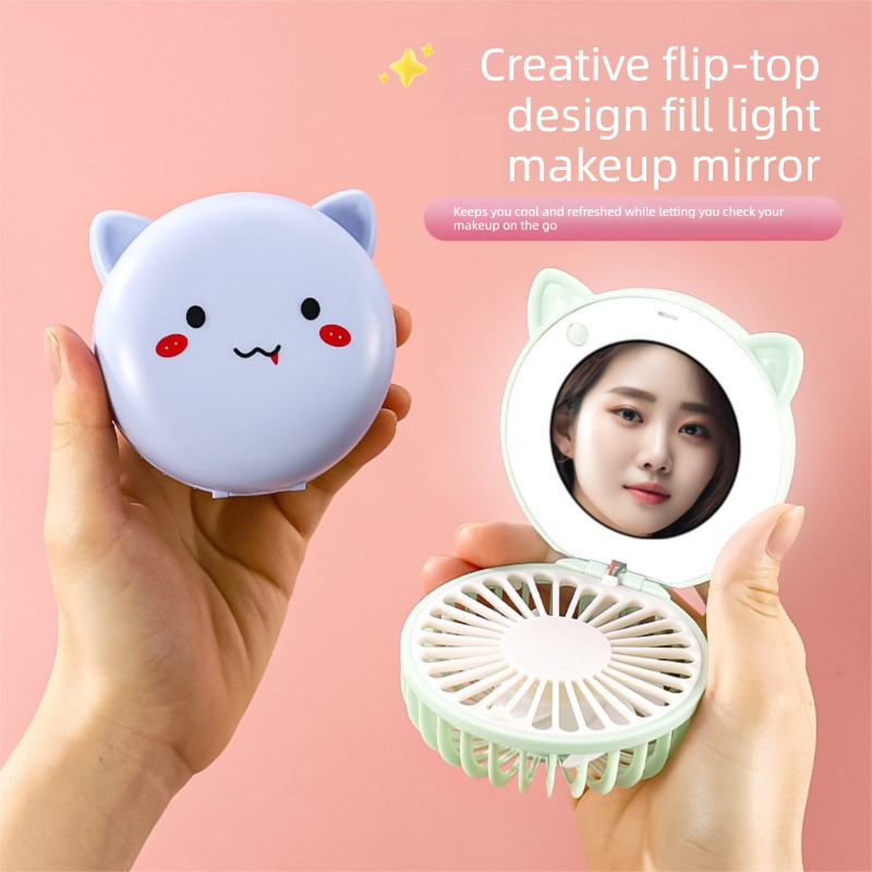 Green 3-in-1 Mini Portable Fan with Makeup Mirror and LED Fill Light USB view 3
