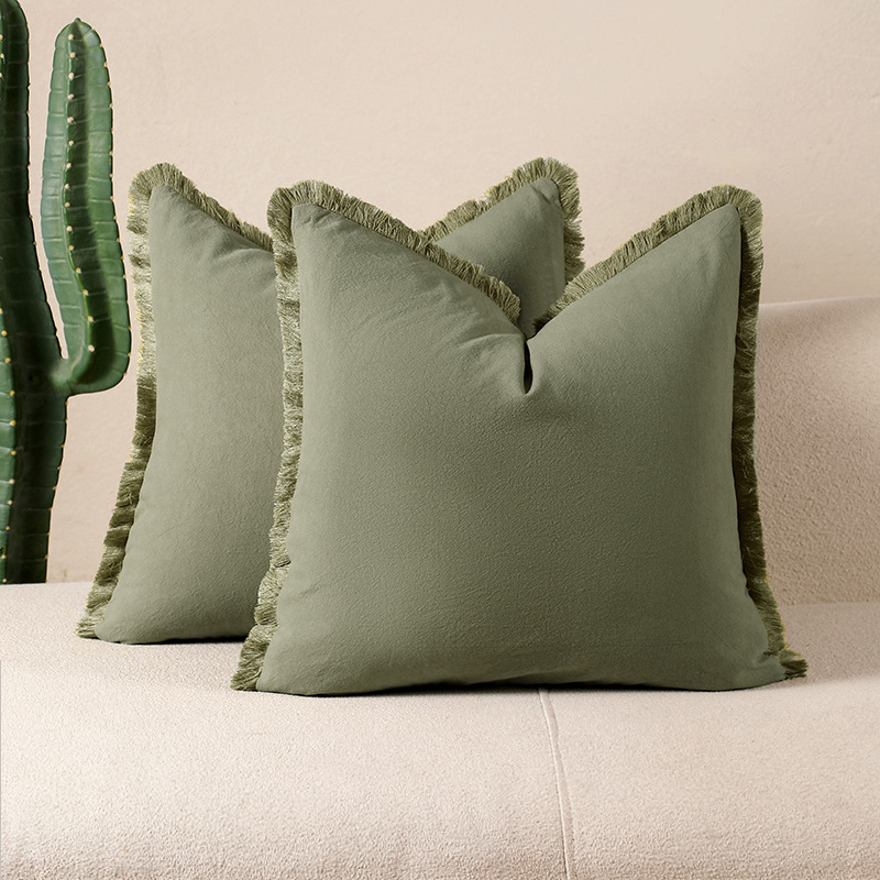 Grass green 2 Pack Bohemian Tassel Pillowcases Soft Washed Cotton Cushion
