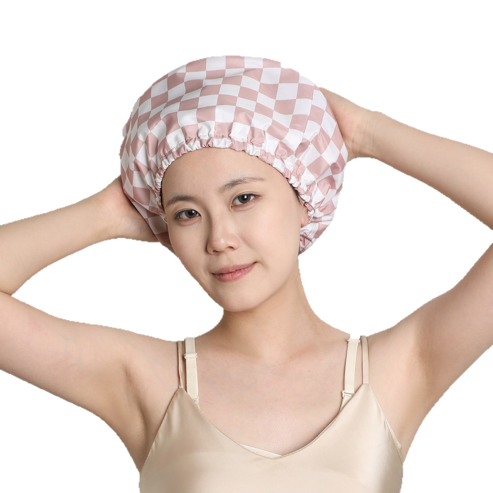 Burgundy tartan Premium Double-Layer Waterproof Shower Cap for Women Long Hair view 4