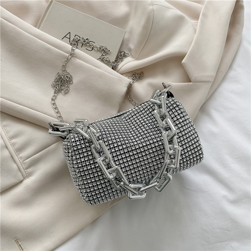 Silver Mini Shoulder Bag for Women – Rhinestone-Embellished Pillow-Shaped