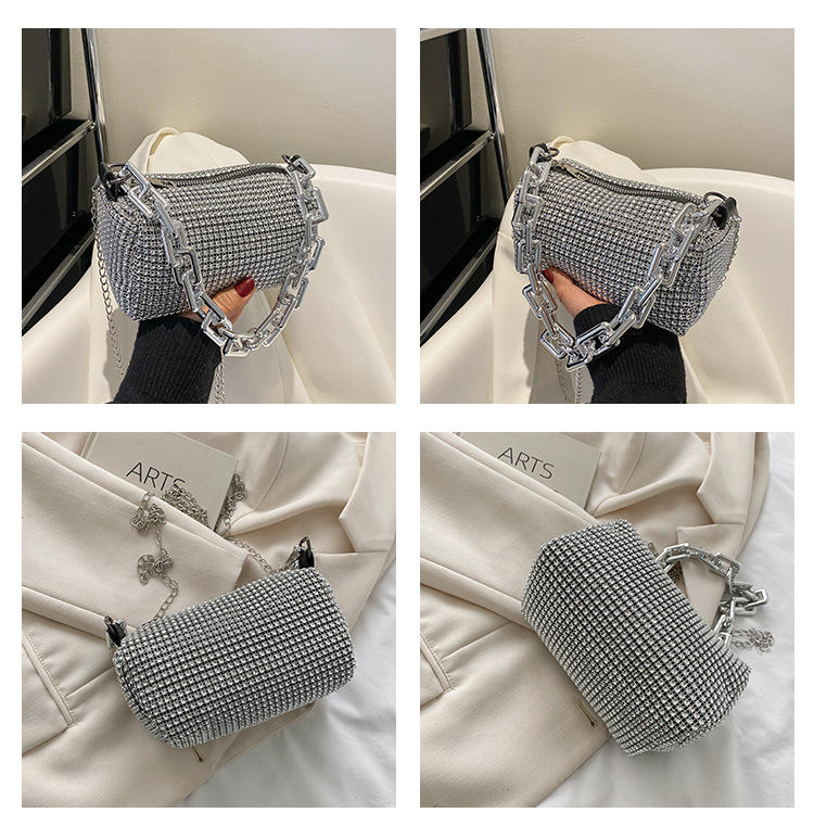 Silver Mini Shoulder Bag for Women – Rhinestone-Embellished Pillow-Shaped view 2