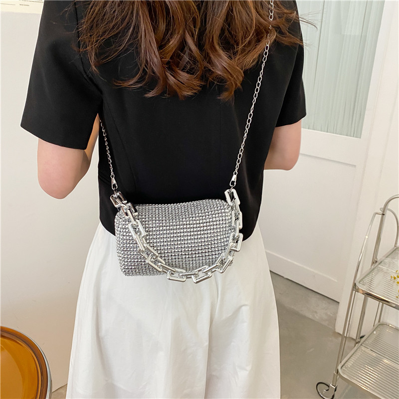Silver Mini Shoulder Bag for Women – Rhinestone-Embellished Pillow-Shaped view 4