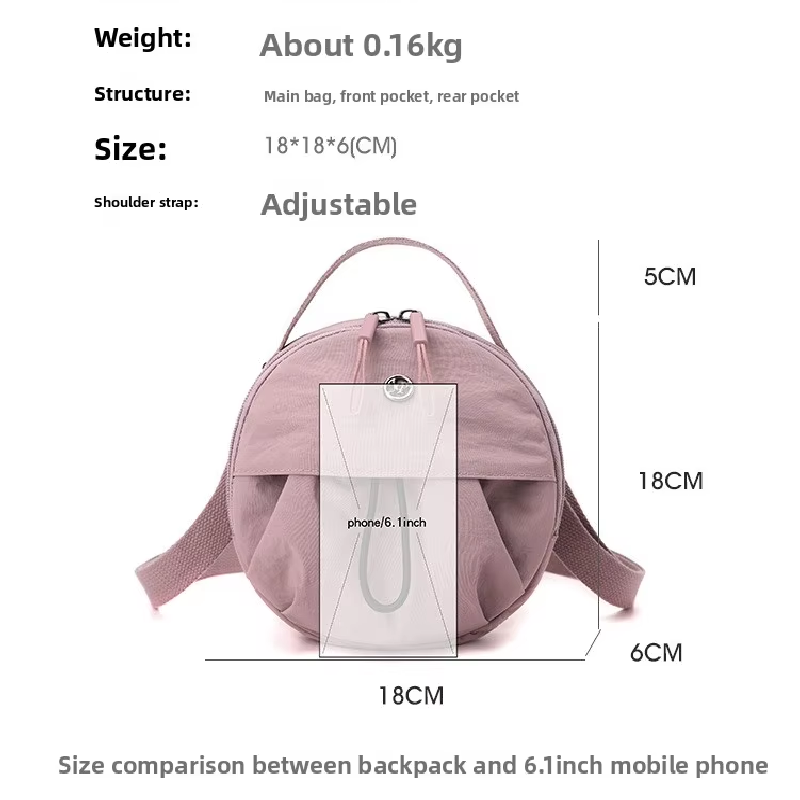 Black Fashionable Round Crossbody Bag with Water-Resistant Nylon and view 5