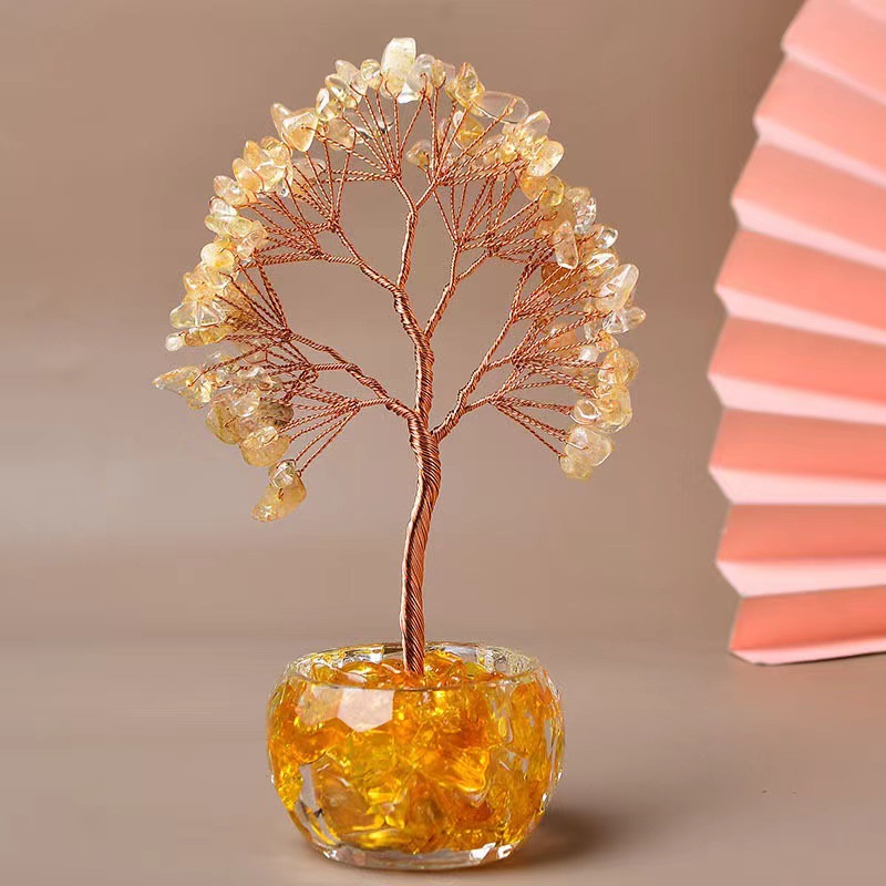 Yellow Natural Crystal Tree Ornament – Handmade Miniature Decorative Tree with view 2