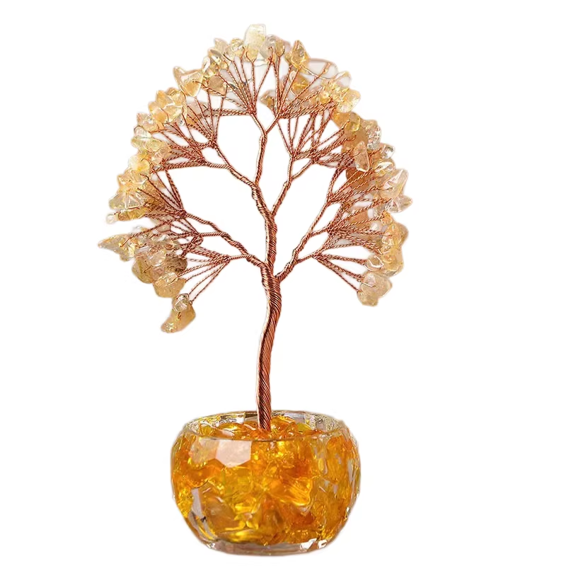 Yellow Natural Crystal Tree Ornament – Handmade Miniature Decorative Tree with — image 1