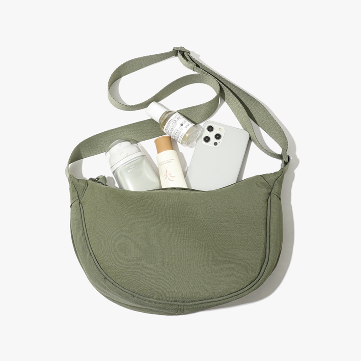 Olive green Lightweight Nylon Crossbody Bag – Compact Saddle Style with