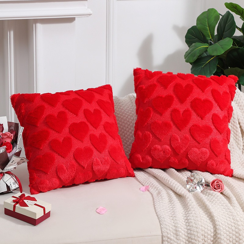 2-PCS Red Romantic Heart-Shaped Tufted Pillow Covers Soft Plush 45x45cm